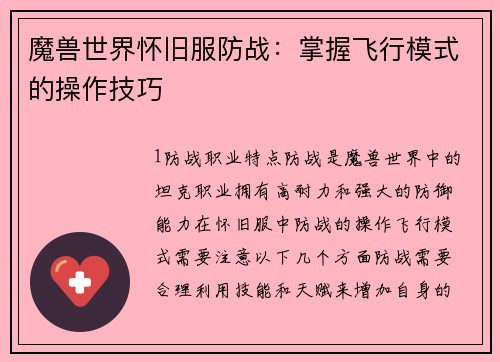 魔兽世界怀旧服防战：掌握飞行模式的操作技巧